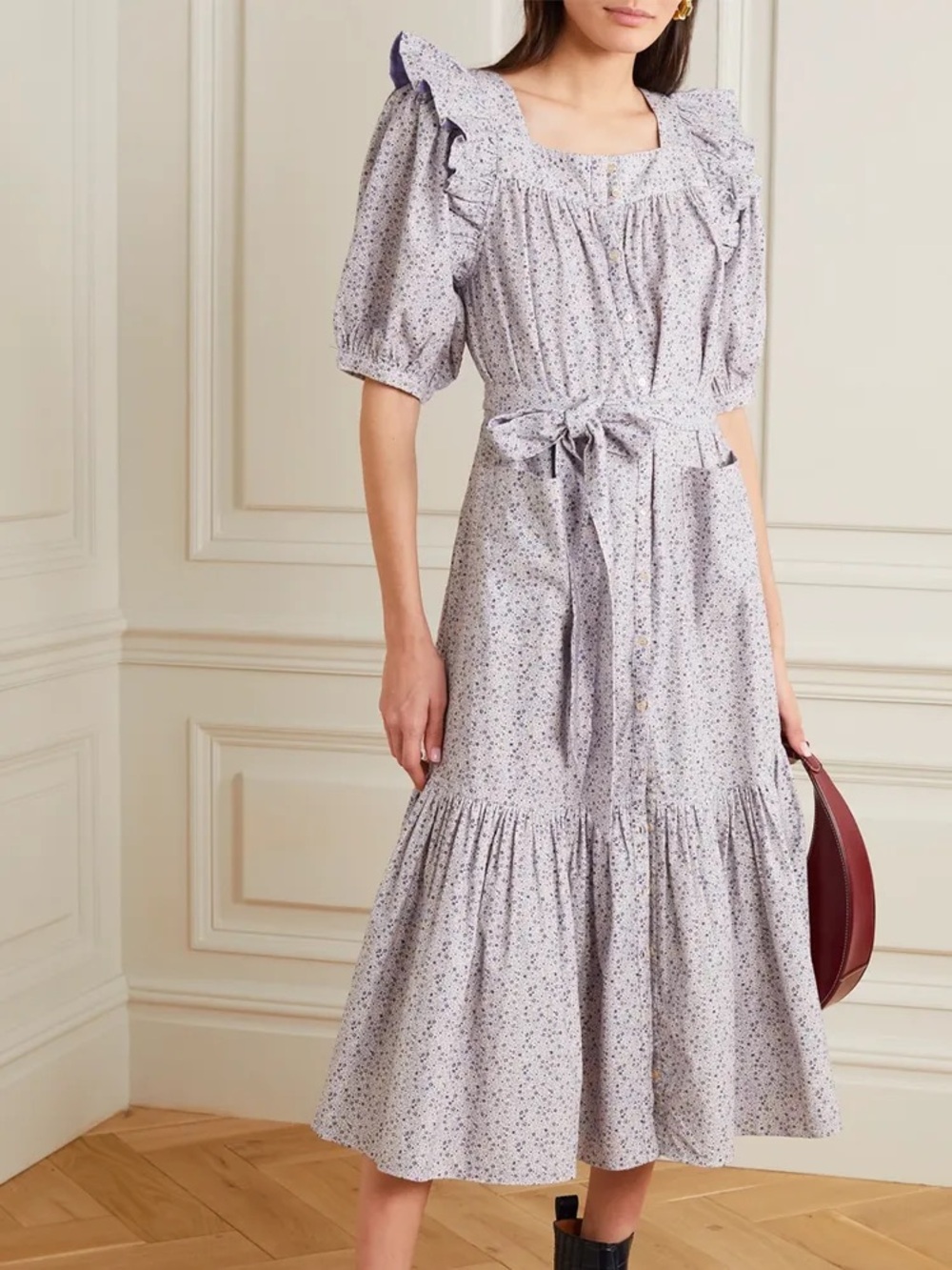 DOEN Lavender Floral Corduroy Ruffle Puff Sleeve Belted Cottagecore Malta Dress